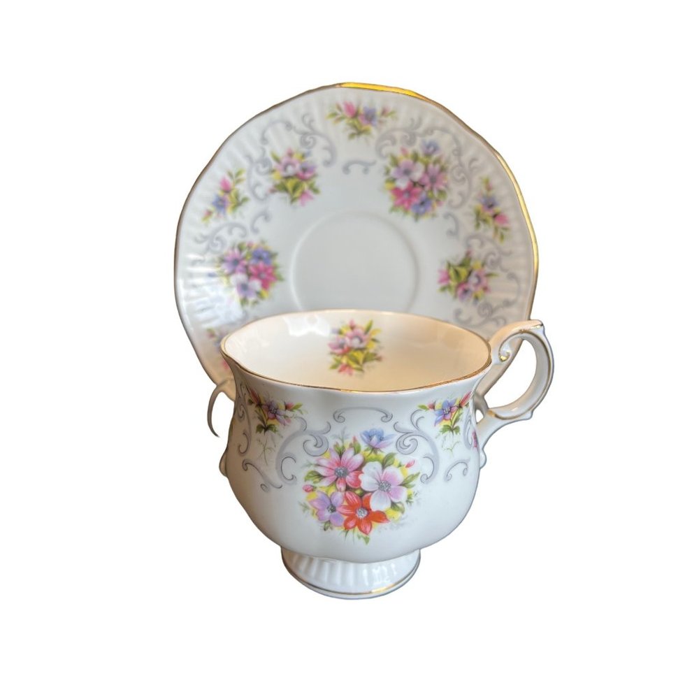 Vintage Queen's Rosina China Anemone Tea Cup Saucer England Bone China Footed